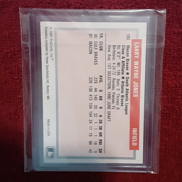 Chipper Jones - 1991 ProCards Tomorrow's Heroes – Card No. 190 – (Baseball Card) - Picture 2 of 2